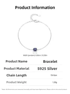 Detailed size parameters of S925 silver bracelet with blue square zircon pendant