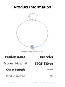 Detail view of S925 sterling silver bracelet with square blue zircon and parameters