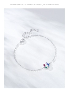 Close-up of S925 sterling silver bracelet with rainbow zircon horseshoe charm and clasp