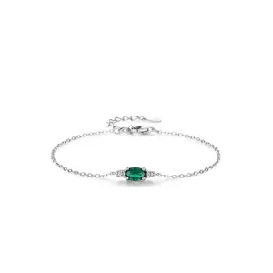 Vintage 925 Sterling Silver Bracelet For Women Dark Green Oval Zirconia Inlaid Adjustable Chain Elegant Fashion Jewelry Gift