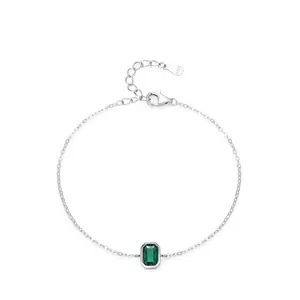 Elegant 925 Sterling Silver Bracelet For Women Emerald Green Rectangular Zirconia Adjustable Fashion Lightweight Luxury Jewelry