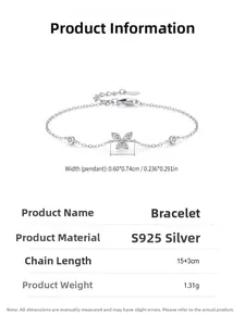 Detailed specs of S925 silver butterfly bracelet featuring 15 plus 3cm adjustable chain