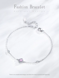 Detailed macro view of S925 sterling silver bracelet featuring a square pink gemstone