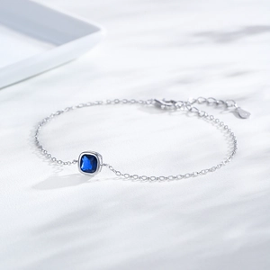 S925 sterling silver bracelet with square blue crystal and adjustable lobster clasp