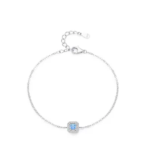 S925 Sterling Silver Bracelet For Women Square Sea Blue Zirconia Minimalist Adjustable Chain Fashion Elegant Jewelry Gift