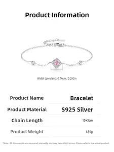Technical drawing showing S925 silver bracelet dimensions and pink zircon pendant size