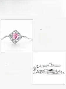 Detail view of S925 sterling silver clasp and pink square-cut zircon stone on bracelet