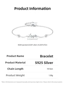 Détail du bracelet LOVE en argent S925 avec breloques zircon et mesures de taille