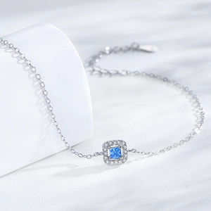S925 sterling silver bracelet with a square blue zircon pendant and sparkling crystal halo