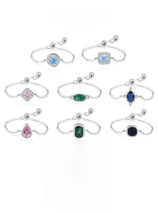 S925 sterling silver chain rings with colorful zircon stones in various geometric shapes