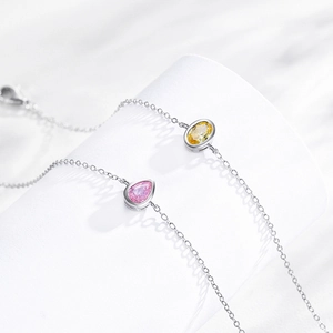 Elegant S925 silver necklace with pink teardrop and yellow oval zircon gemstones