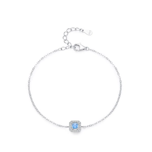 S925 sterling silver bracelet featuring a square blue zircon pendant in a halo design