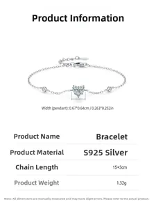 Detailed size specifications for the S925 sterling silver heart bracelet with dimensions
