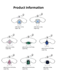 Detailed size chart for S925 silver adjustable rings with colorful zircon inlays