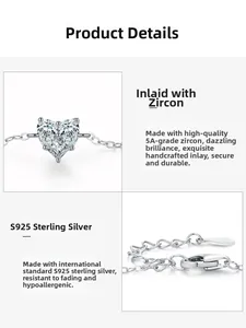 Detailed view of S925 sterling silver heart necklace with sparkling 5A cubic zirconia stones