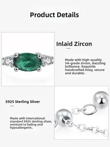 Macro detail of S925 sterling silver ring with oval green zircon and chain structure