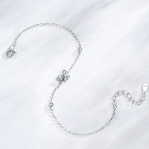 Elegant S925 sterling silver butterfly flower adjustable bracelet with sparkling crystals