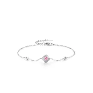 S925 Sterling Silver Pink Zirconia Bracelet For Women Sweet Fresh Style Rhombus Inlaid Zirconia Chain Valentine Day Gift