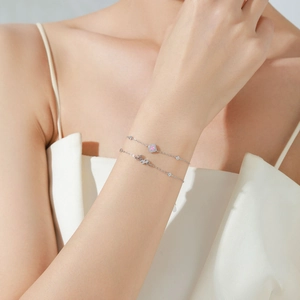 Elegant S925 sterling silver bracelet set with pink gemstone and LOVE letter charms