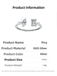 Macro detail of S925 sterling silver ring showing emerald-cut zircon and size measurements