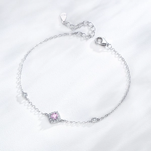 S925 sterling silver bracelet featuring a rhombic charm with pink zircon center stone