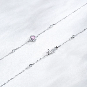S925 sterling silver chain bracelet with pink zircon square pendant and Love charm