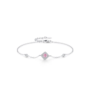 S925 sterling silver chain bracelet with pink square zircon pendant on white background