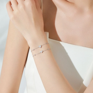S925 Sterling Silver double layer heart bracelet with sparkling clear heart gemstones