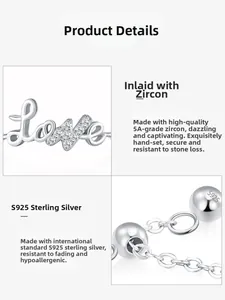 Detalle del anillo de cadena de plata S925 con letras Love y circonita cúbica 5A
