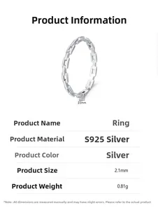 Macro detail of S925 sterling silver ring showing 2.1mm width and hollow geometric chain