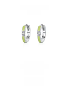 Macro shot of S925 sterling silver hoop earrings with green enamel and zircon stones