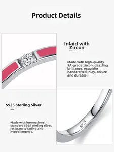 Macro detail of S925 sterling silver ring with 5A zircon and pink enamel coating