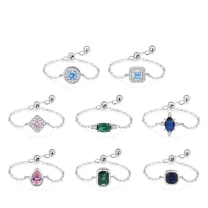 925 Sterling Silver Adjustable Chain Ring For Women With Colorful Zirconia Inlaid Geometric Fashion Commuter Jewelry Gift