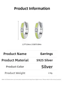 Detailed view of S925 silver hoop earrings with neon green enamel and sizing parameters