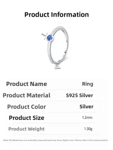 Detailed specs showing S925 sterling silver ring with 3mm blue gemstone inlay