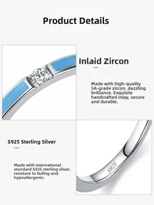 Detail of S925 sterling silver ring with blue enamel and sparkling 5A zircon inlay