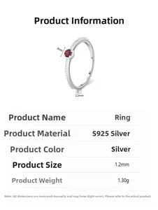 Spécifications détaillées de la bague en argent S925 avec pierre rouge de 3mm
