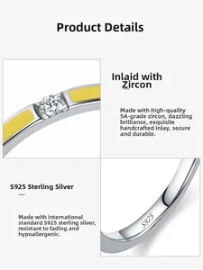 Detail view of S925 sterling silver ring with 5A zircon and yellow enamel finish