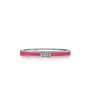 Minimalist 925 Sterling Silver Pink Enamel Ring For Women Sweet Drip Oil Zirconia Inlaid Fashion Jewelry Finger Ring