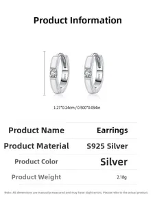 Detailed S925 silver hoop earring specs showing dimensions 1.27x0.24cm and white enamel