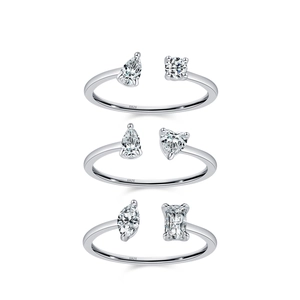 Three minimalist S925 sterling silver open rings with sparkling zircon gemstones
