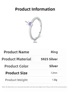 Macro shot of S925 sterling silver ring with 3mm purple zircon and size measurements