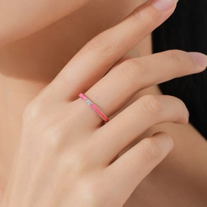 Minimalist S925 silver ring with pink enamel coating and a tiny round crystal stone