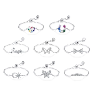 Anillos de cadena ajustables en plata S925 con diversos dijes lindos y circonitas