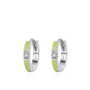 925 Sterling Silver Green Enamel Hoop Earrings For Women Small Fresh Round Zirconia Drip Oil Ear Buckle Summer Jewelry