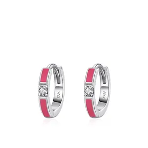 Orecchini Huggie in Argento Sterling 925 Smalto Rosso Rosa Fluorescente Zirconia Fibbia Orecchio Geometrica Donna