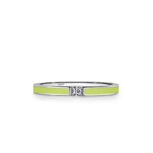 Minimalistisch 925 Sterlingsilber Ring Für Damen Bunte Emaille Senfgrün Dünnes Band Zirkonia Geometrische Mode Schmuck Geschenk