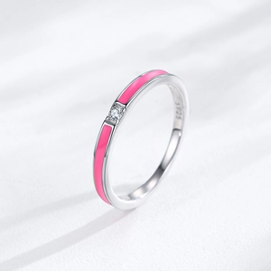Minimalist S925 sterling silver ring featuring pink enamel and a sparkling small zircon