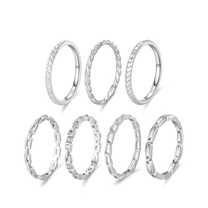 Minimalist S925 sterling silver geometric stacking ring set with multi-texture designs