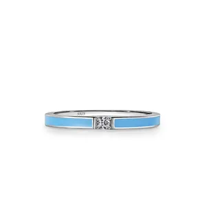 Minimalist 925 Sterling Silver Blue Enamel Ring For Women Dainty Zirconia Inlaid Geometric Stackable Fashion Jewelry Finger Ring